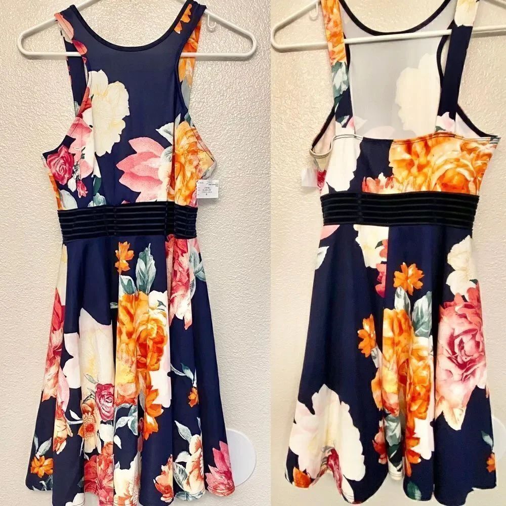 Blush co Navy blue floral circle skirt skater D17944 semi formal dress juniors M